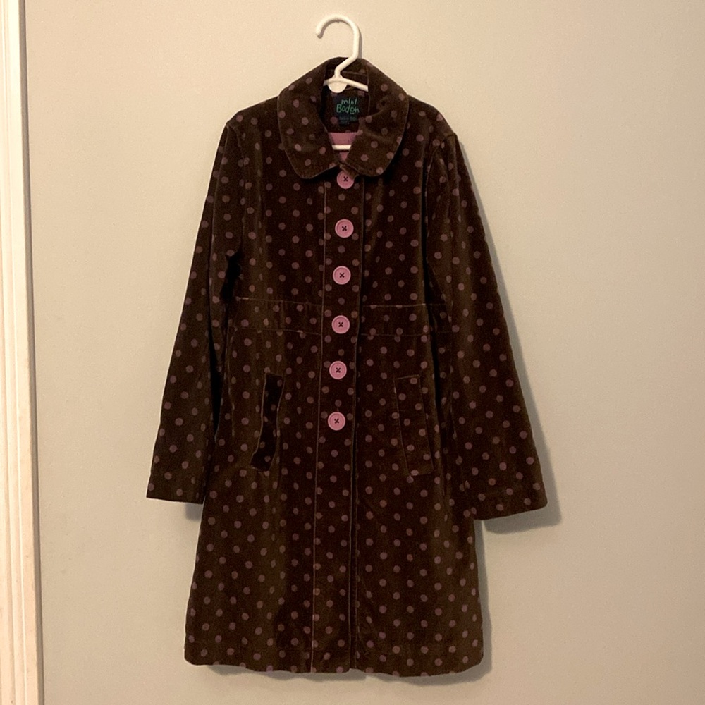 Mini Boden dress coat. Velvet w/ lilac polka dots. Very  good condition.